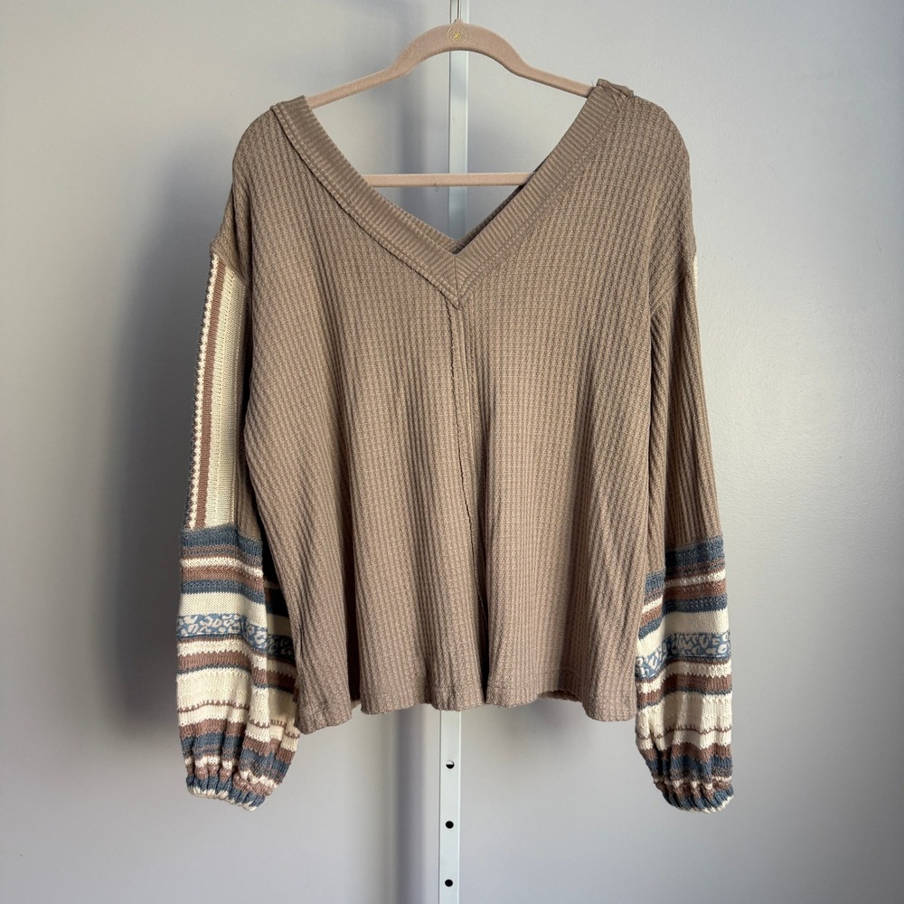 Free People Women's XS Top Waffle Knit V-Neck Long Sleeve Blouse Boho Chic